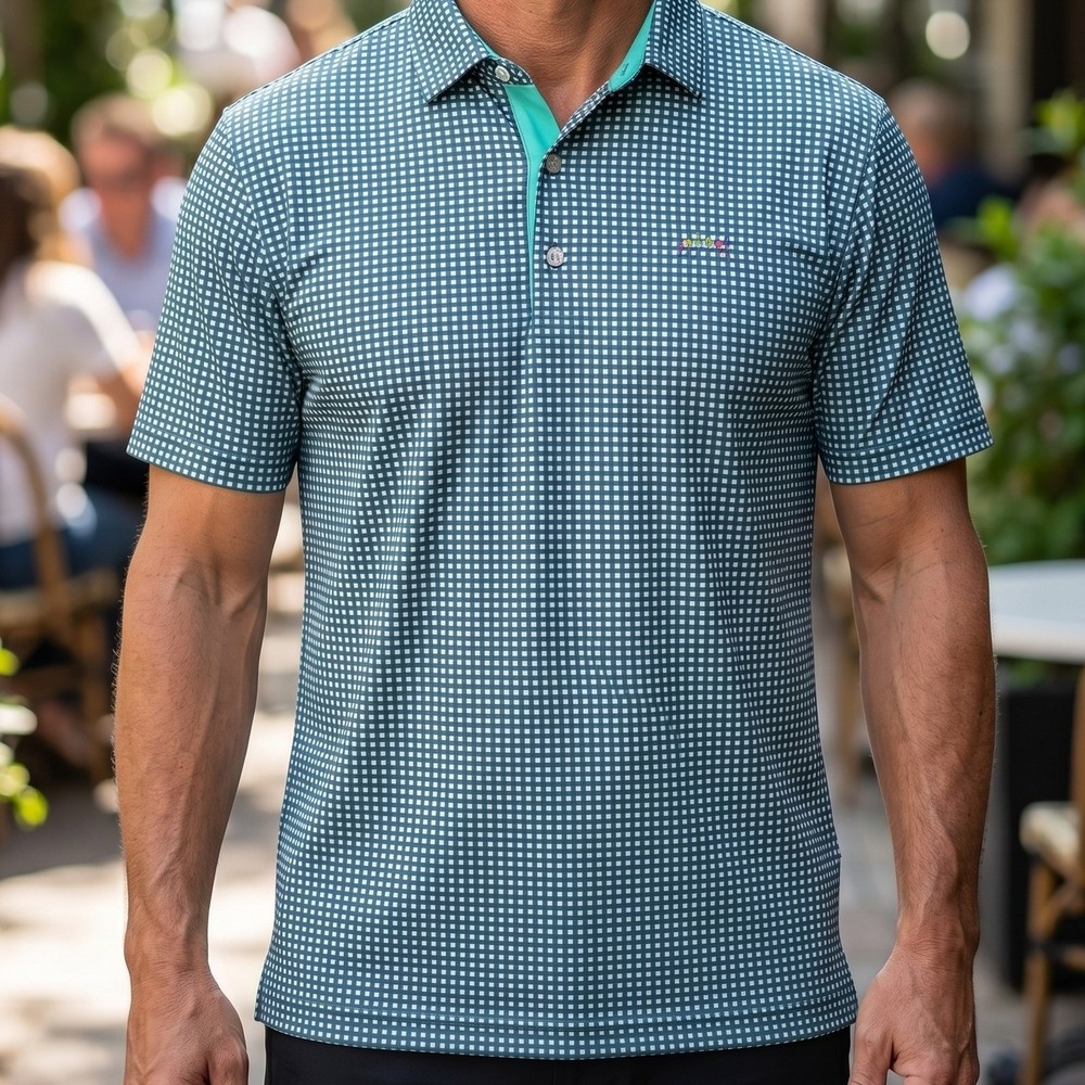 Greg Norman Play Dry Mens Golf Polo Shirt Navy Teal Geometric Print Short Sleeve